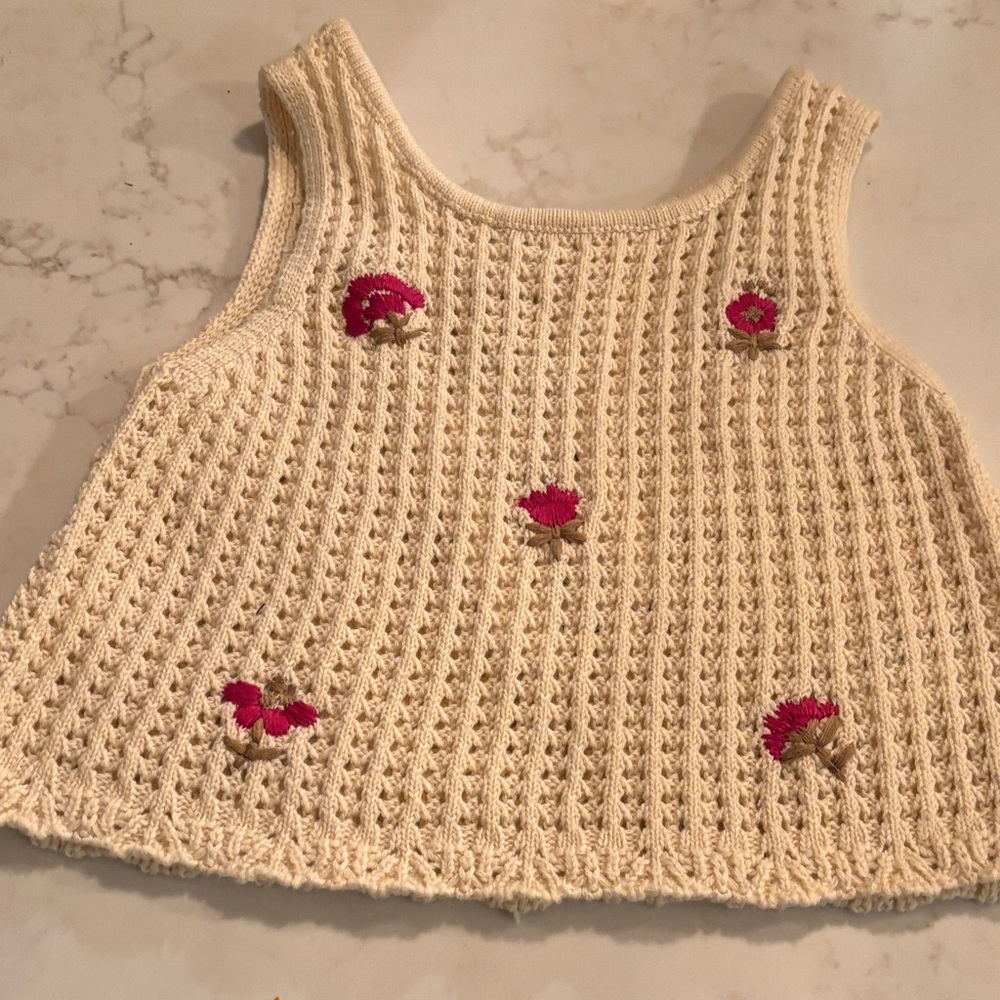Zara Kids Cream Knit Tank with Pink Embroidery NWT